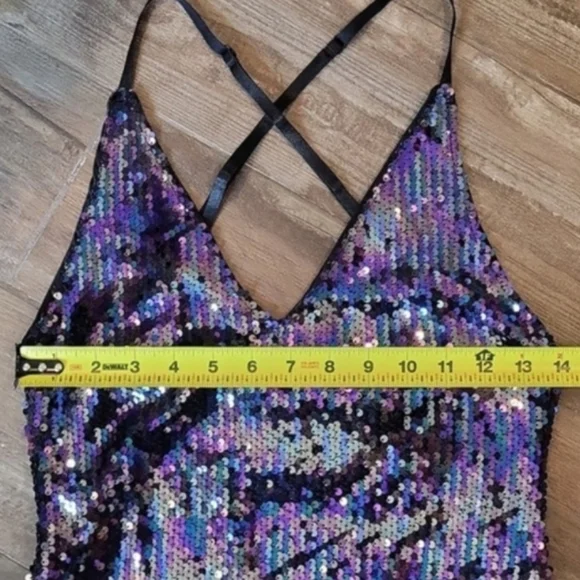 Sequin Lace Trim Strappy Back Lined Mini Dress, XS - Picture 6 of 12